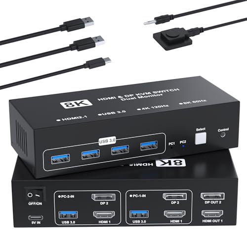 8K@60サイクル HDMI+DisplayPort KVM取り替えっこ 2インプット2最終生産物 パソコン 2台管する2台 KVM うつり変わり器 マイコン2台管する2台