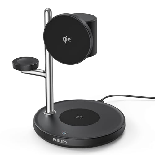 Philips (フィリップス) 3-in-1ワイヤレス充電器 Qi2対応 最大15W 照明ライト付き マグネット式 MagSafe充電器 スタ