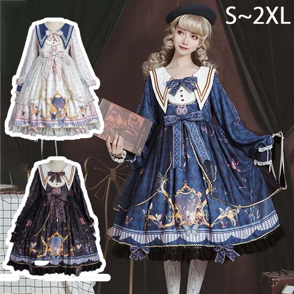 ロリータ クラロリ ワンピース ゴスロリ 病みかわ デカ襟 Aライン 宮廷ドレス リボン Lolita レディース コスチューム 衣装 かわいい フリル 仮装 パーティー イベント ファッション ネイビー ホワイト ブラック dd039zozot2|ドレス・ファッション エブリ