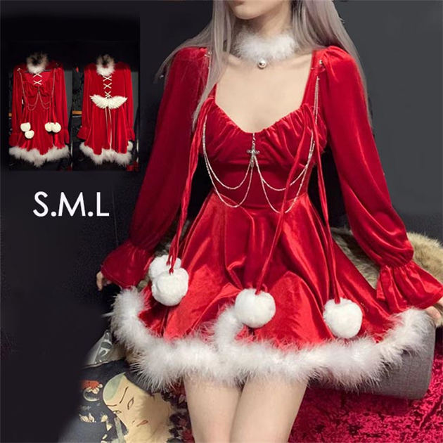 【送料無料】クリスマス ワンピース S M L 長袖 天使の羽付き かわいい セクシー 仮装舞踏会 レディース レッド ワンピース be260c0_1.jpg