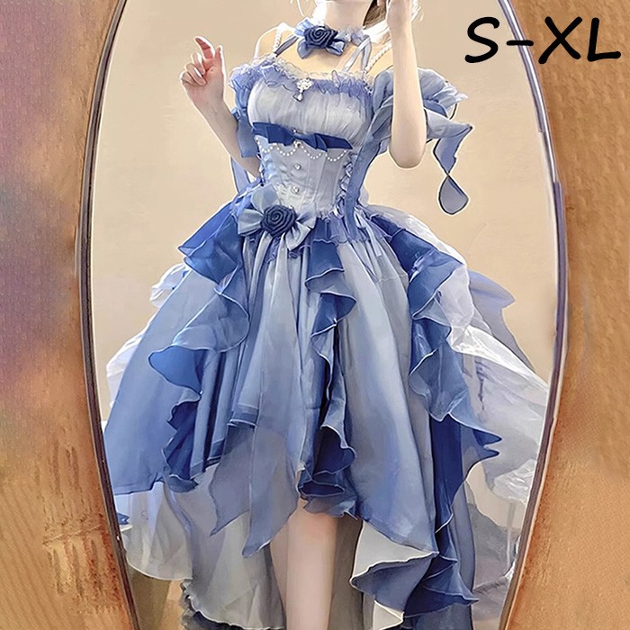ワンピース ロリータ Lolita ブルー ハロウィン フィッシュテール S-XL おしゃれ コスプレ パーティー プレゼント レディース コスチューム ロリータ ドレス パフスリーブ トレーン プリンセス ロマンティック ゴシック dh023lclcm6