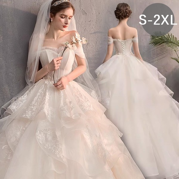 花嫁 ウェディングドレス 白ドレス 大きいサイズ オフショルダー 花嫁 結婚式 二次会 ドレス 大きいサイズ 結婚式 編み上げタイプ レース ロングドレス マキシ丈 トレーンドレス 花嫁ドレス 撮影用 エレガント 大人可愛い フォーマル オフホワイト L 2L 3L da273m4m4m4|ドレス・ファッション エブリ
