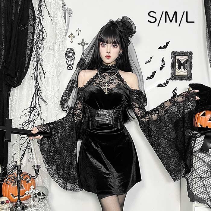 ハロウィン ワンピース ゴシックレースウィッチコスプレワンピース レディース 中世風 ブラック ヴィンテージ ショート丈 セクシー ガールズドレス コスプレ衣装 仮装パーティー コスチューム 文化祭 学園祭 S M L mj001m6m6m6