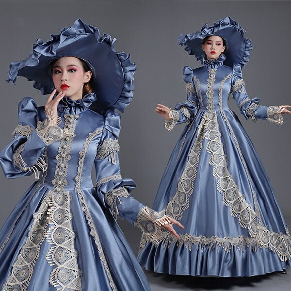 ロングドレス 貴族ドレス お姫様ドレス 中世ヨーロッパ ステージ 袖あり 盛り袖 衣装 貴婦人 ラフカラー 上品 帽子付き 演奏会 舞台衣装 貴族風 メルヘン ゴージャス ドレス イベント衣装 声楽 オペラ イベント プリンセスライン ワンピース 撮影 コスプレ Aライン フリル