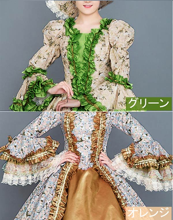 ロングドレス 貴族ドレス お姫様ドレス 中世ヨーロッパ アンブレラスリーブ パフスリーブ レース 花柄 ゴージャス 華やか 上品 貴族風 貴婦人 帽子付き 演奏会 舞台衣装 ゴージャス 声楽 オペラ イベント プリンセスライン 撮影 Aライン フリル コスプレ S M L