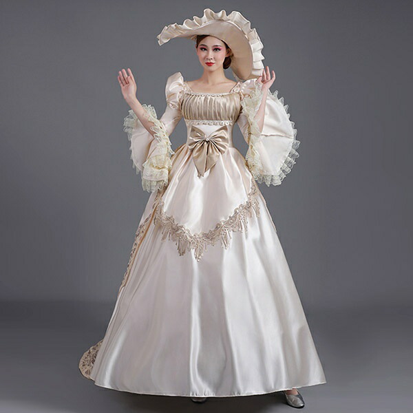 ロングドレス 貴族ドレス お姫様ドレス ドレス 中世ヨーロッパ 袖あり パフスリーブ レース スクエアネック 豪華 ゴージャス 華やか 貴族風 貴婦人 帽子付き 演奏会 舞台衣装 ゴージャス 声楽 オペラ イベント プリンセスライン ワンピース 撮影 Aライン フリル コスプレ