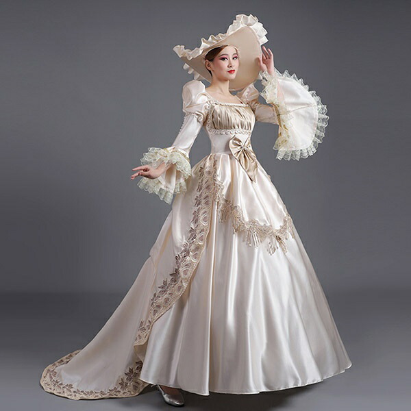 ロングドレス 貴族ドレス お姫様ドレス ドレス 中世ヨーロッパ 袖あり パフスリーブ レース スクエアネック 豪華 ゴージャス 華やか 貴族風 貴婦人 帽子付き 演奏会 舞台衣装 ゴージャス 声楽 オペラ イベント プリンセスライン ワンピース 撮影 Aライン フリル コスプレ
