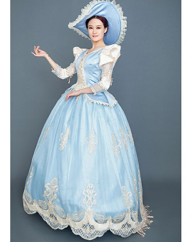 ロングドレス 貴族ドレス お姫様ドレス ドレス 中世ヨーロッパ 袖あり パフスリーブ 長袖 レース Vネック 豪華 ゴージャス 華やか 上品 貴族風 貴婦人 帽子付き 演奏会 舞台衣装 ゴージャス 声楽 オペラ イベント プリンセスライン ワンピース 撮影 Aライン フリル