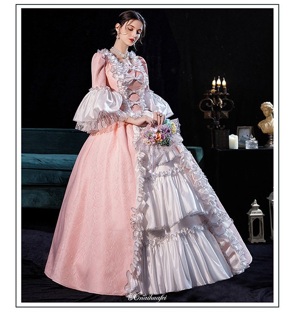 ドレス レディース ロングドレス 貴族ドレス 中世ヨーロッパ お姫様 プリンセスドレス カラードレス長袖 フリル アンブレラスリーブ 華やか リボン ボリューム ゴージャス ステージ衣装 貴婦人 オペラ プリンセスライン ワンピース 撮影 締め上げ ピンク ホワイト Dx021s1