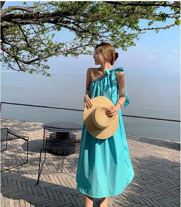 ハワイ リゾートワンピース 沖縄 肩出し ワンショルダー ロング丈マキシ ワンピース レディース きれいめ 夏 無地 ボヘミア風 アシメ セクシー ビーチ サマードレス リゾート 体型カバー フレア 夏ワンピ 旅行 デート 大人 可愛い S M L Xl Dd164t2t2t2