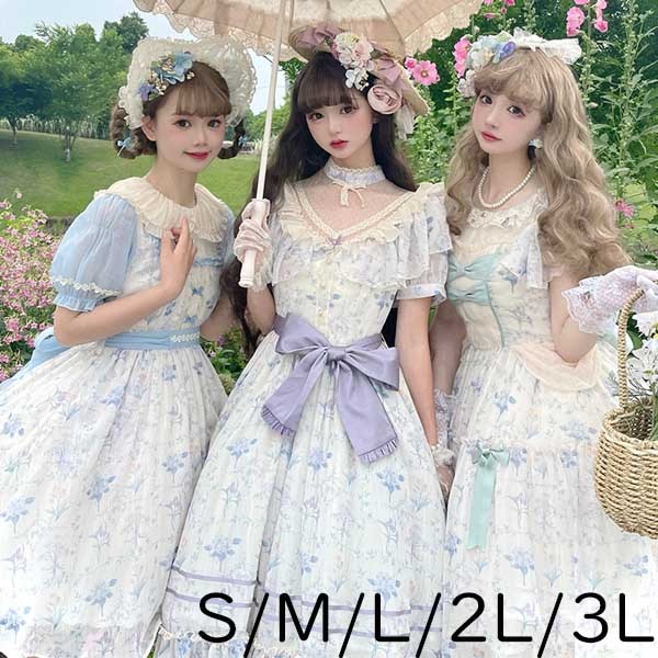 ロリータ 森ガール ワンピース Aライン Lolita パフスリーブ レース フリル 半袖 パッド付き 片側ポケット付き ゆめかわ 萌え萌え 可愛い 友達 姉妹 プレゼント ミモレ丈 膝丈 レディース コスチューム 仮装 ハロウィン 学園祭 文化祭 紫 水色 緑 dg303t2t2t2｜ドレス・ファッション エブリ