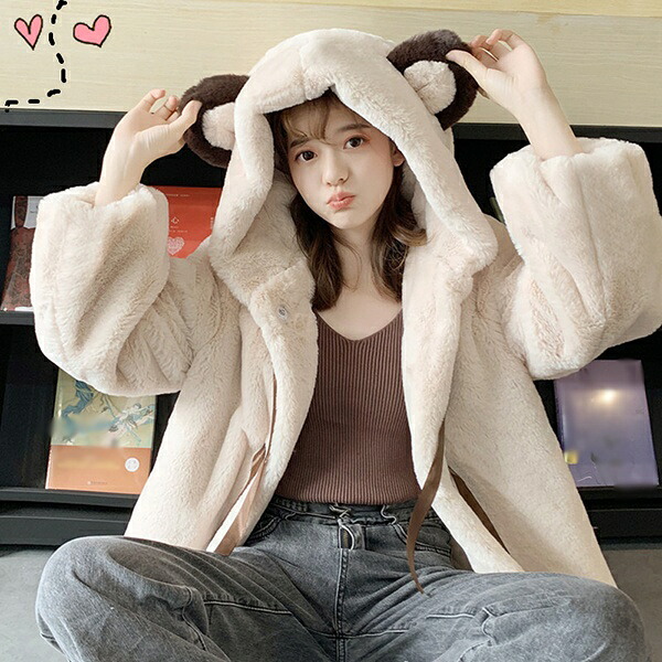 楽天市場】もこもこアウター もふもふコート ボアコート 熊耳 ふわふわ