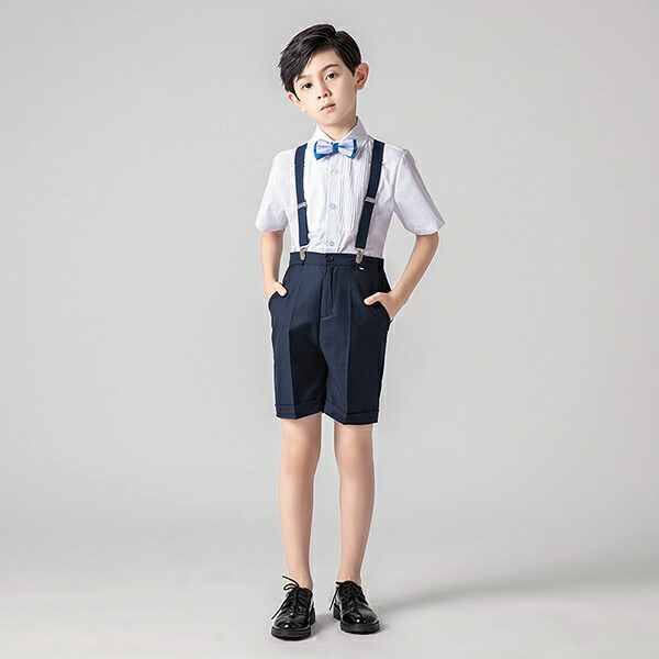キッズスーツキッズ子供フォーマルピアノ発表会男の子キッズシャツ蝶ネクタイ半袖サスペンダー半ズボンイベント結婚式入学式誕生日4点セット春夏子供服子供スーツ子供服フォーマルスーツジュニア110120130140150160170db044zezet2