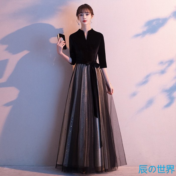 寄りあいお召しもの 御芽出度 衣装 longdress ロングお召しもの Ｖのど首 衣装 袖あり 御芽出度 お召しもの 二次会 花嫁御寮 ブライズメイド お呼ばれ 衣装 帝国 御芽出度 はいり込む式 かき鳴らす会用 黒 気が大きい大きさ 星柄 20代 30代 40代 50代 貨物輸送無料