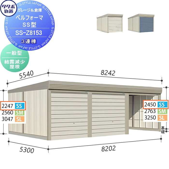 【無料★特典対象】 物置 収納 タクボ 物置 TAKUBO 田窪工業所 ベルフォーマ SS 一般型 結露減少屋根 3連棟 間口8202mm×奥行き5300mm×高さ2450mm SS-Z8153 シャッタータイプ 3連棟 収納庫 屋外 倉庫 駐輪 大型