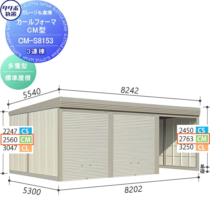【無料★特典対象】 物置 収納 タクボ 物置 TAKUBO 田窪工業所 カールフォーマ CM 3連棟 多雪型 標準屋根 間口8202奥行き5300高さ2763 CM-S8153 シャッタータイプ 3連棟 収納庫 屋外 倉庫 駐輪 大型
