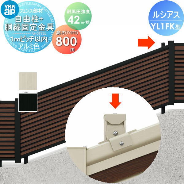 【部品】 フェンス YKK YKKap ルシアスフェンスYL1FK型用 自由柱+胴縁固定金具セット H800 耐風圧強度42m 秒相当仕様 柱ピッチ1ｍ以内 旧F05K型 境界 屋外 アルミ 形材フェンスガーデン DIY 塀 壁 囲い