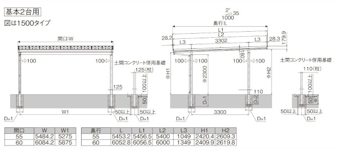 カーポート 2台用 工事付 カーポートsw 55 55 本体 基本工事費込み H25柱 スチール折板屋根 仕様 Lixil 標準工事費込 折板カーポート 積雪 スチール屋根 ガレージ 自転車 車庫 駐輪場 Facul Ao