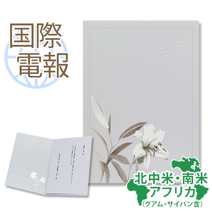 楽天市場 国際電報 弔電 お悔やみ 紙素材カード 白い百合 海外 南米 アフリカあて専用 送料無料 海外電報 弔電 海外葬儀 訃報 海外在住 ビジネス 取引先 現地法人 海外支店 電報屋のエクスメール 楽天市場店
