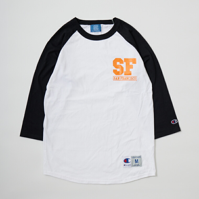 CALIFOLKS (カリフォークス) WORD PRINT CHAMPION BASEBALL T-SHIRT - WHITE_BLACK SF ベースボールTシャツ メンズ’