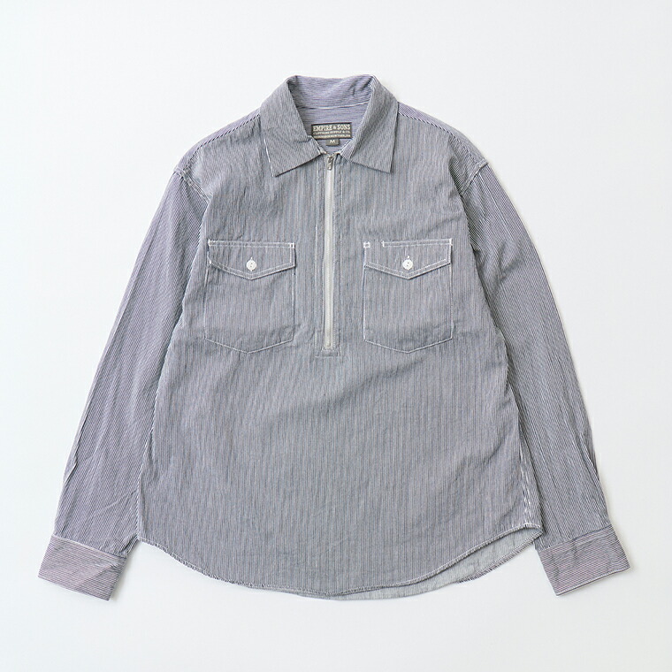 EMPIRE \u0026 SONS (帝国 アンド サンズ)  L/S HALF ZIP WORK SHIRT HICKORY STRIPE - NAVY ハーフジップシャツ メンズ