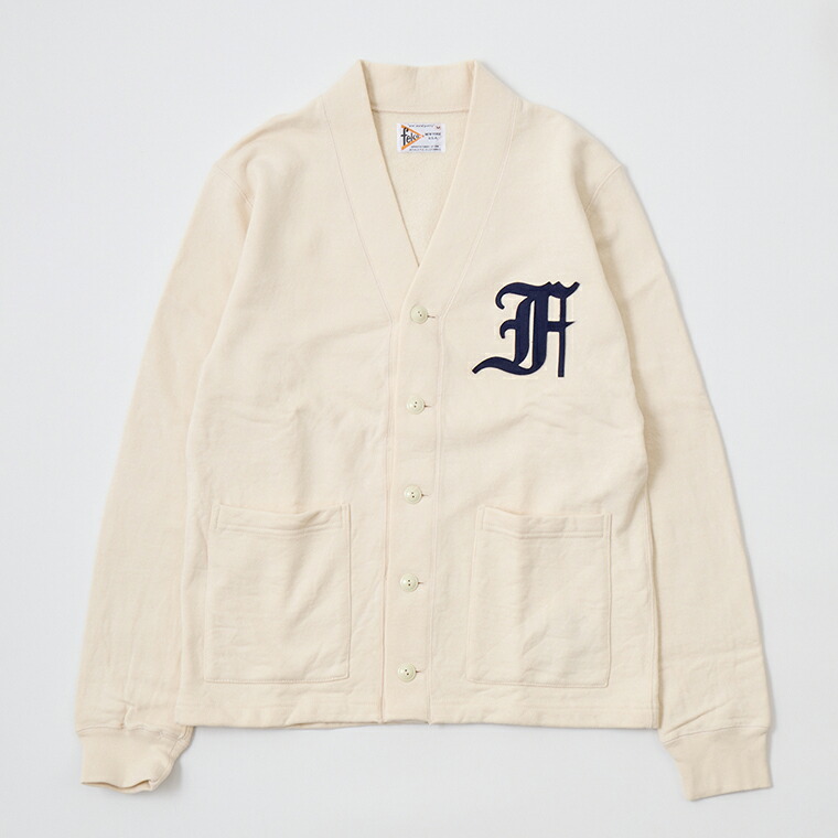 FELCO (フェルコ) 12oz TERRY V NECK BUTTON LETTERED CARDIGAN W/OLD FONT F FELT - NATURAL_NAVY FELT カーディガン メンズ’