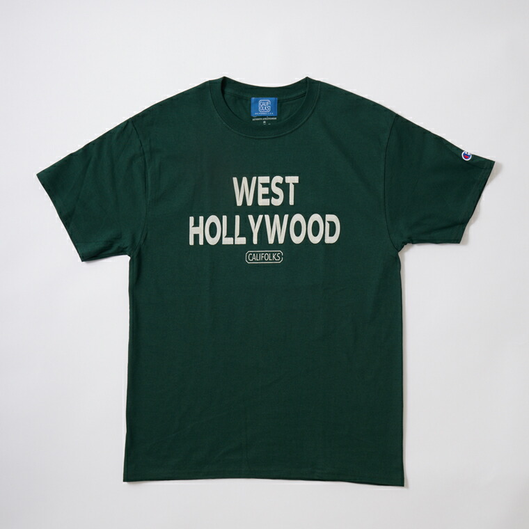 CALIFOLKS (カリフォークス)  S/S WORD PRINT CHAMPION 6薬局衡オンス T-SHIRT - WEST HOLLYWOOD_D.GREEN ティーシャツ メンズ’