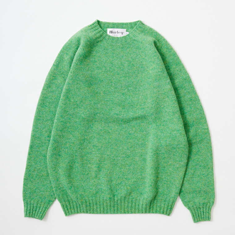 HARLEY OF SCOTLAND (ハーレーオブスコットランド)  PURE NEW WOOL SADDLE SHOULDER CREW NECK SWEATER - PARSLEY 労働者の一団素っ首 スウェーター 編み物