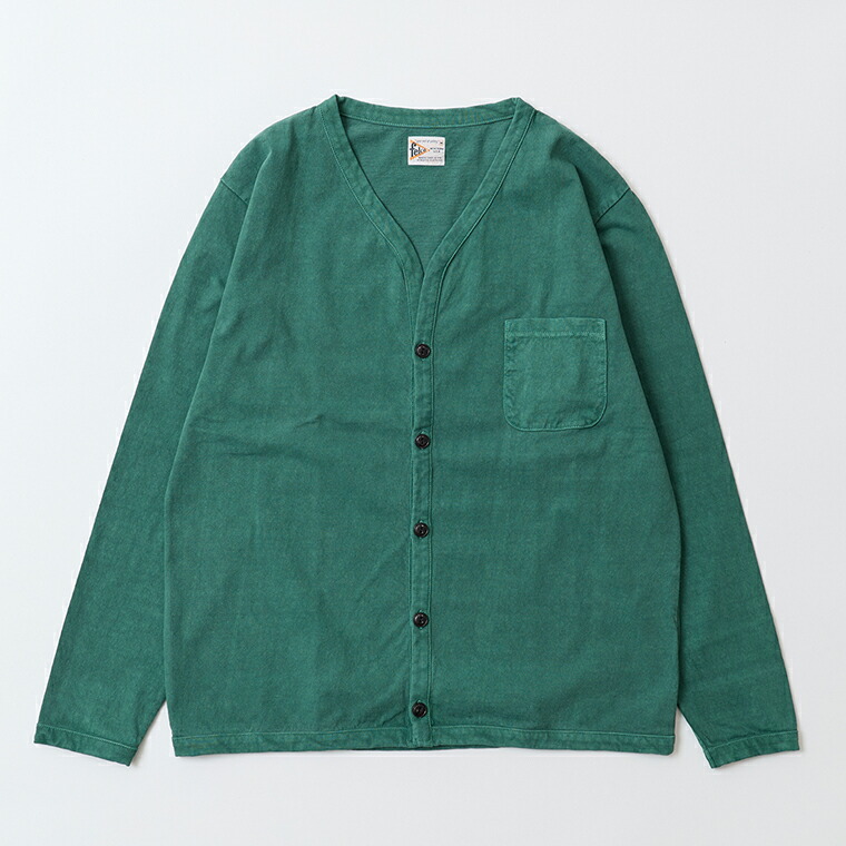 FELCO (フェルコ) L/S BINDER V NECK CARDIGAN W/POCKET 7oz 16SINGLE RUFFY JERSEY - PGR GREEN カーディガン メンズ