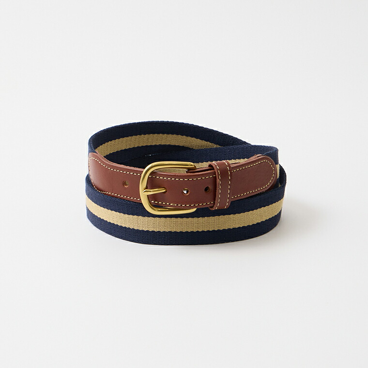 LEATHERMAN BELT (レザーマンベルト)  1.25 STRIPED COTTON SURCINGLE W/YELLOW STITCHED TABS BRASS HARNESS BUCKLE - NAVY_KHAKI メンズ 亜米利加製 三尺帯