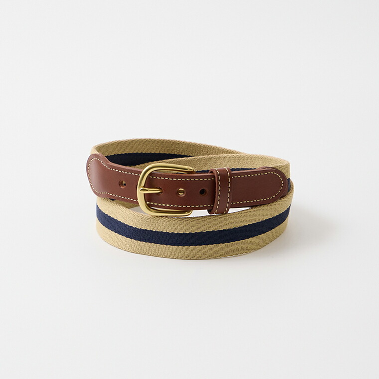 LEATHERMAN BELT (レザーマンベルト) 1.25 STRIPED COTTON SURCINGLE W/YELLOW STITCHED TABS BRASS HARNESS BUCKLE - KHAKI_NAVY メンズ アメリカ製 ベルト