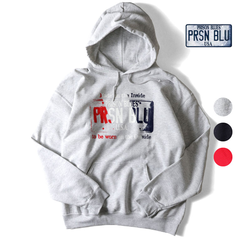 PRISON BLUES / プリズンブルース PRBS3304 USA PLATE PULLOVER PARKA / プレートロゴプリントプルオーバーパーカー  -全3色-  分かりやすい 亜米利加 ゆったり  綿織物 心地よい 表どおり メンズ レディース 丸胴 裏起毛 ボンネット[PRBS3304]