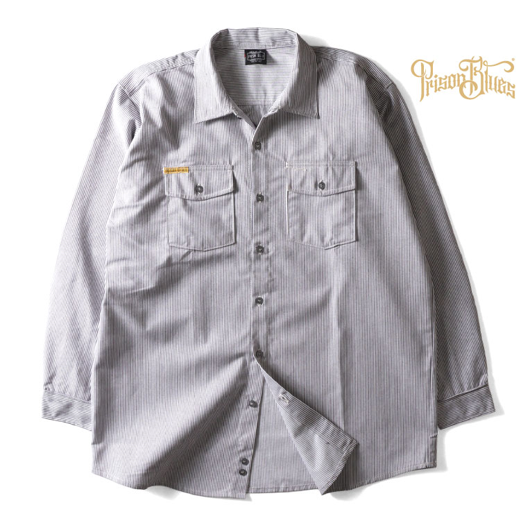 PRISON BLUES / プリズンブルース PRBS403 LONG SLEEVE HICKORY SHIRTS BUTTON FRONT / ヒッコリーストライプボタンフロント長袖プルオーバー -全1色- USA メンズ 衣嚢 気が大きい大きさ 名まえ引き舟 ティーシャツ 広広としたプルオーバー [PRBS403]