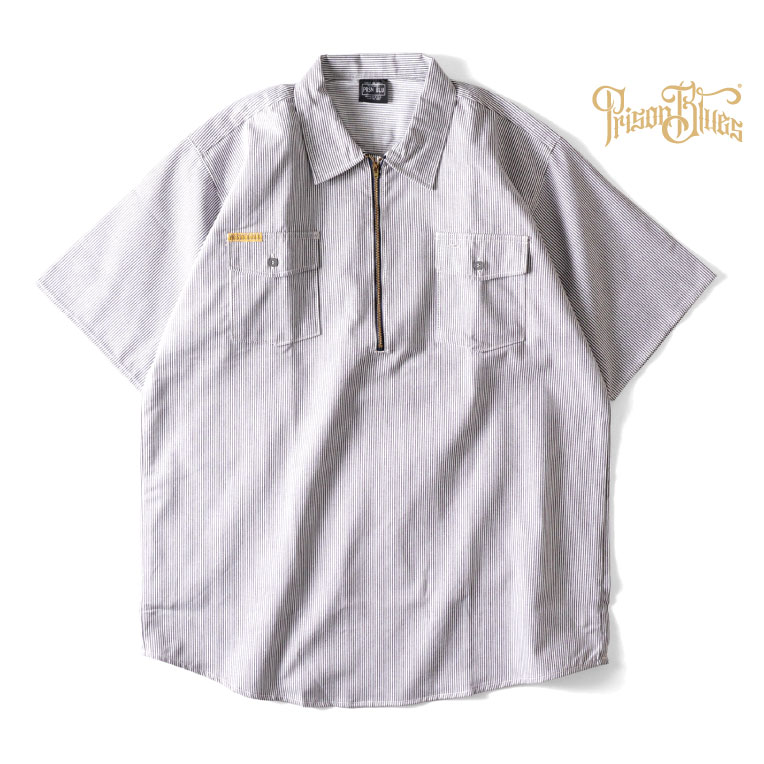 PRISON BLUES / プリズンブルース PRBS406 SHORT SLEEVE HICKORY SHIRTS HALF ZIPPER FRONT / ヒッコリーストライプハーフジップ半袖プルオーバー -全1色- USA メンズ 衣嚢 馬鹿でかい大きさ 名まえ引き船 ティーシャツ 広々としたプルオーバー [PRBS406]