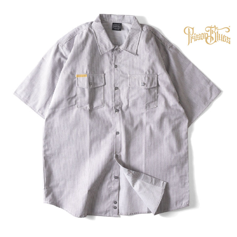 PRISON BLUES / プリズンブルース PRBS407 SHORT SLEEVE HICKORY SHIRTS BUTTON FRONT / ヒッコリーストライプボタン半袖プルオーバー -全1色- USA メンズ 衣嚢 馬鹿でかい大きさ 名まえ引き船 広々としたプルオーバー [PRBS407]