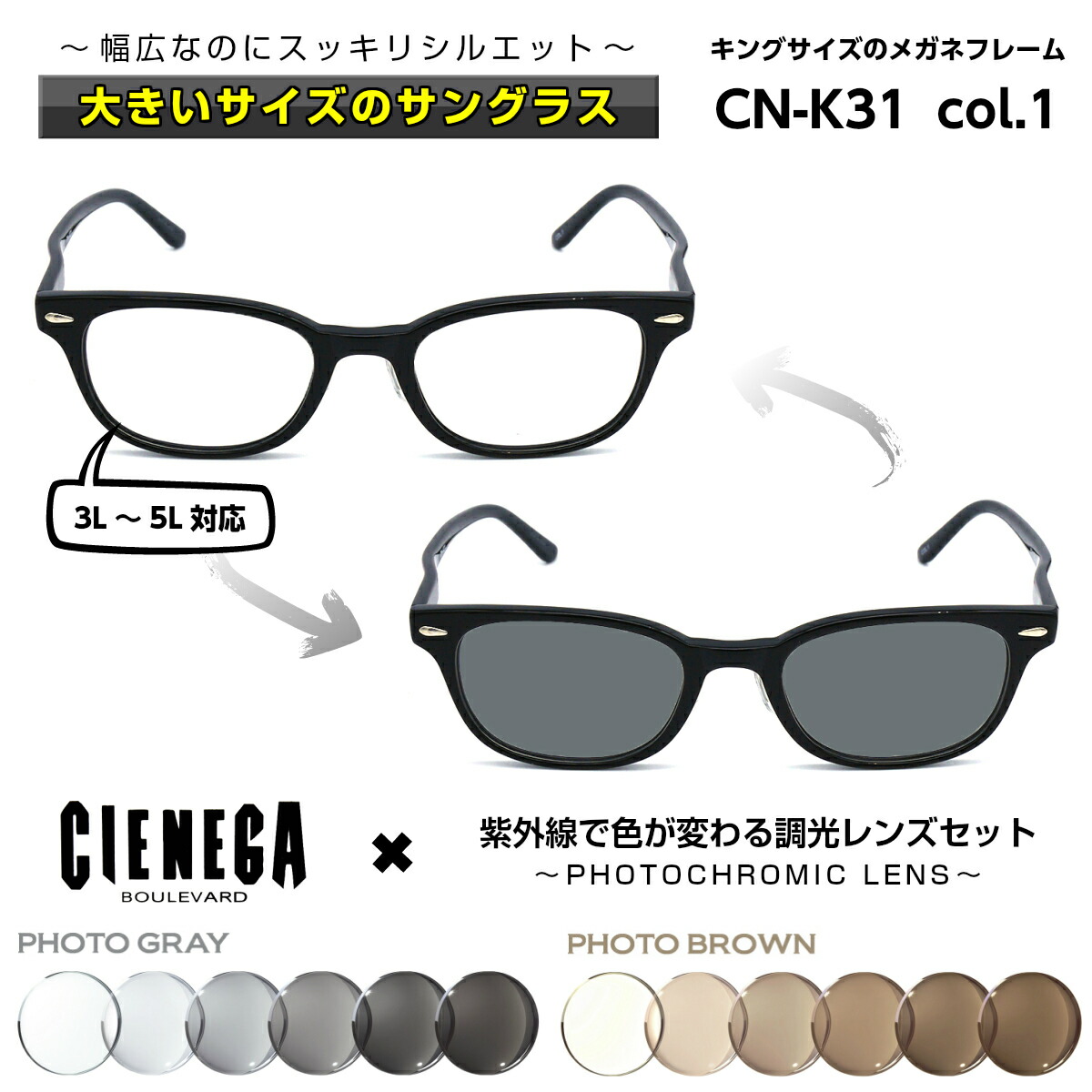 大きいサイズ 調光 サングラス シェネガ CIENEGA CN-K31 C-1 メンズ 男性 ビジネス カジュアル ウェリントン
