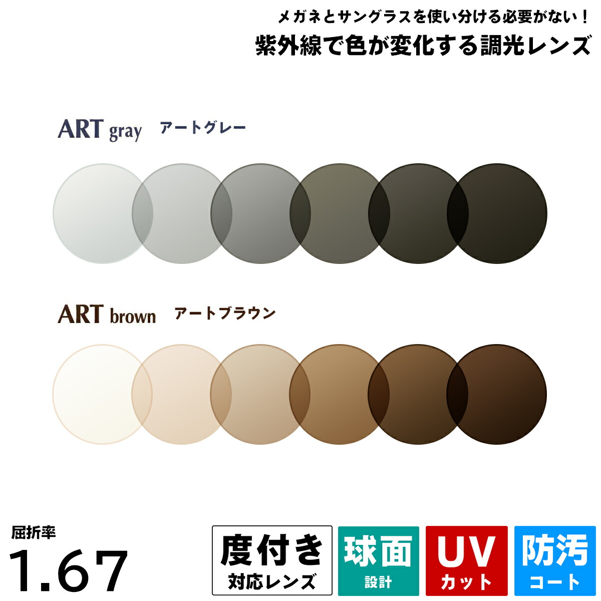 度付きレンズ 調光 アートグレー アートブラウン UVカット ItoLens ARTgray ARTbrown 球面 超薄型 1.67 2枚1組 プラスチックレンズ
