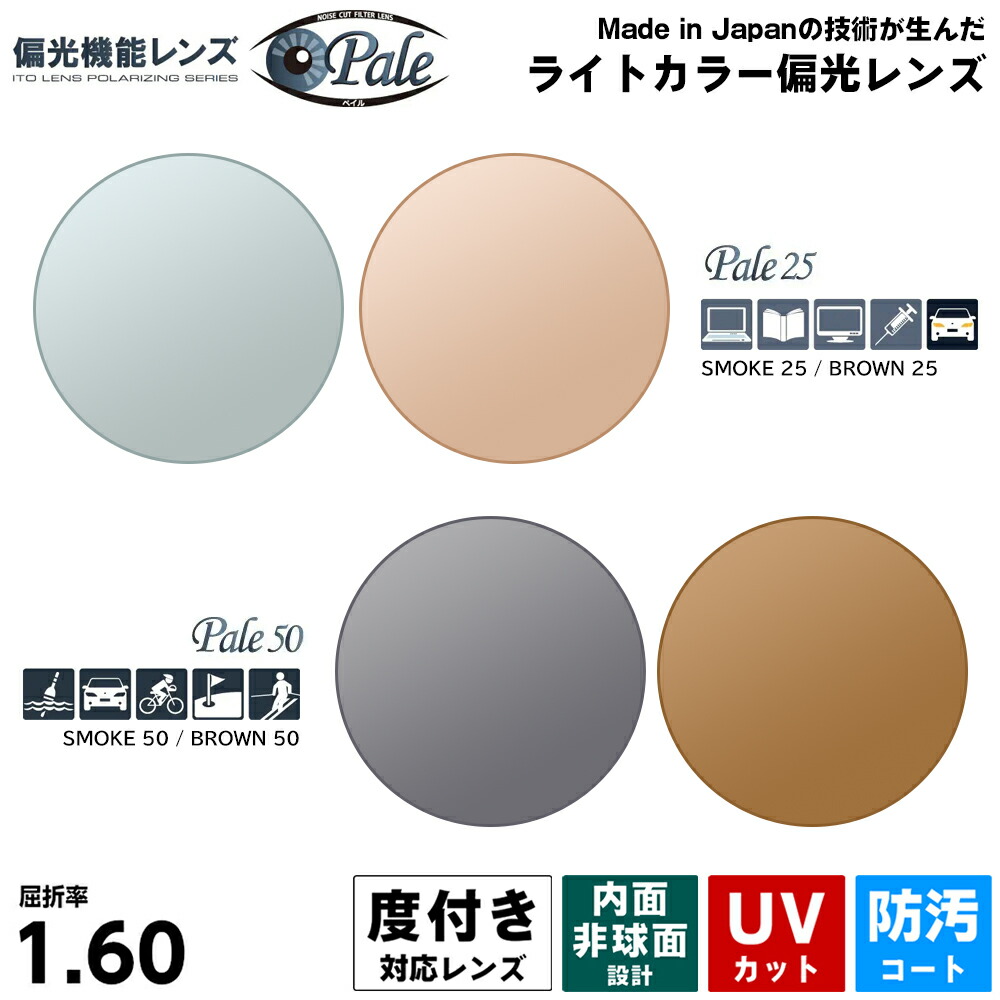 【楽天市場】度付きレンズ 偏光 ペイル160 ブラウン スモーク UVカット ライトカラー ItoLens Pale 25 Pale 50 球面  1.60 2枚1組 プラスチックレンズ : メガネ補聴器の専門店 アイニード