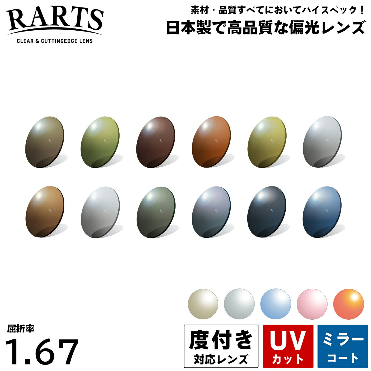 度付きレンズ 偏光 アーツ167 ミラーコート UVカット 伊藤光学 RARTS 球面 1.67 2枚1組 日本製 プラスチックレンズ
