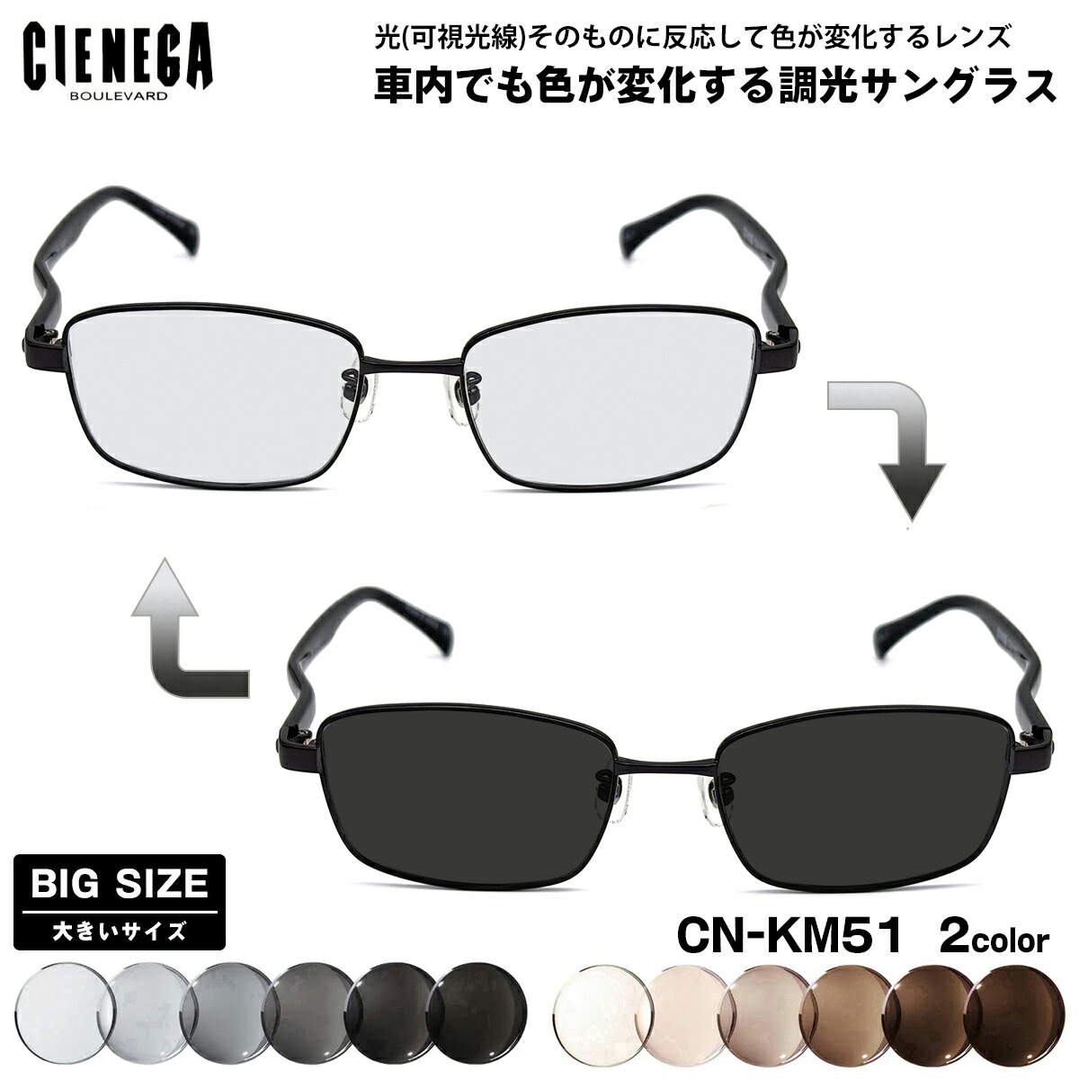 大きいサイズ 可視光調光 サングラス CN-KM51 2色 54mm CIENEGA シェネガ アートEX UVカット メンズ レディース