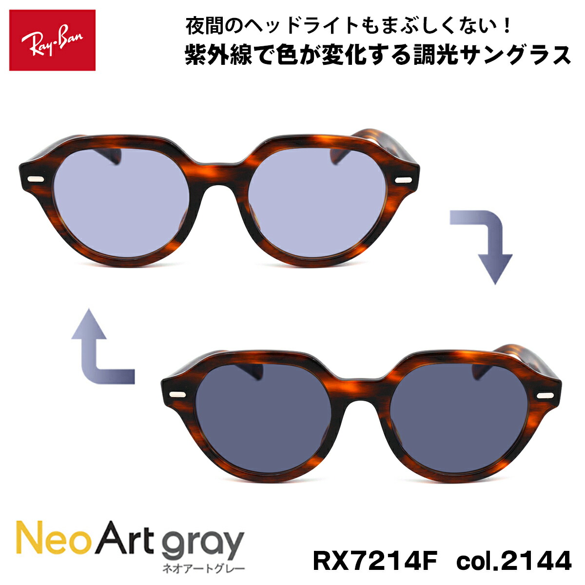 レイバン 調光 サングラス ネオアート RX7214F (RB7214F) 2144 51mm Ray-Ban GINA ジーナ アジアンフィット UVカット 夜間運転可能