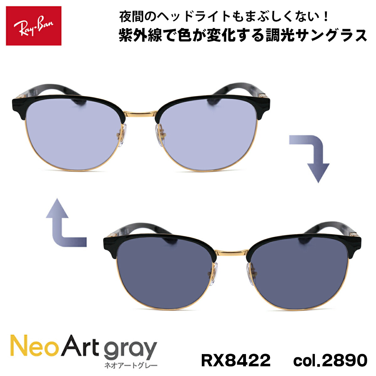 レイバン 調光 サングラス ネオアート RX8422 (RB8422) 2890 52mm Ray-Ban バネ丁番 カーボンファイバー UVカット 夜間運転可能