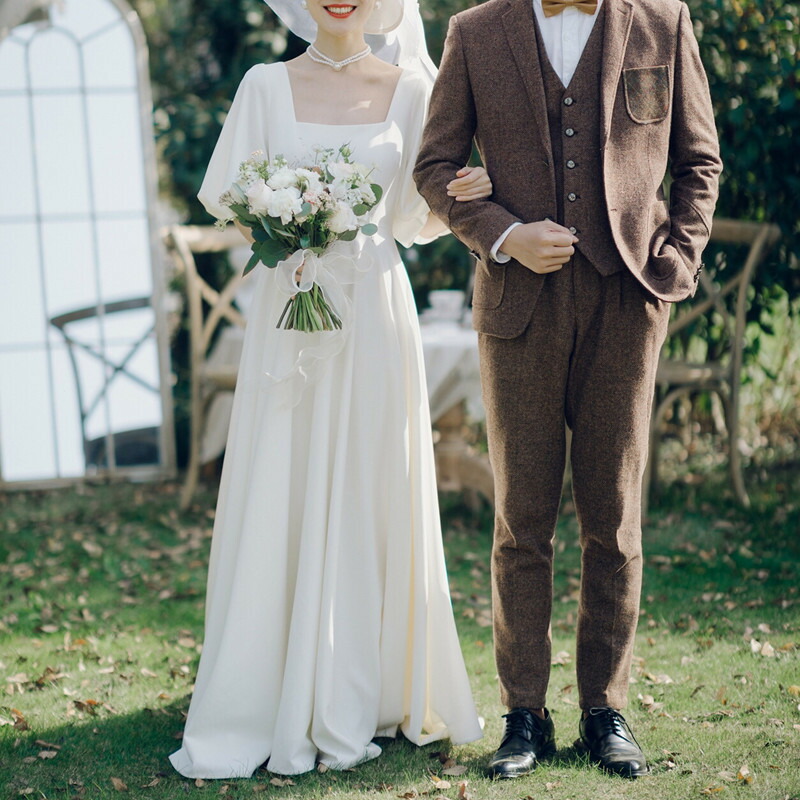 二次会ドレス ウェディングドレス 白 サテン ドレス パフスリーブ 優雅 エレガント 可愛い 結婚式ドレス ロングドレス 二次会 Aライン ホワイトドレス ウェディング 前撮り 海外挙式 XS S M L XL