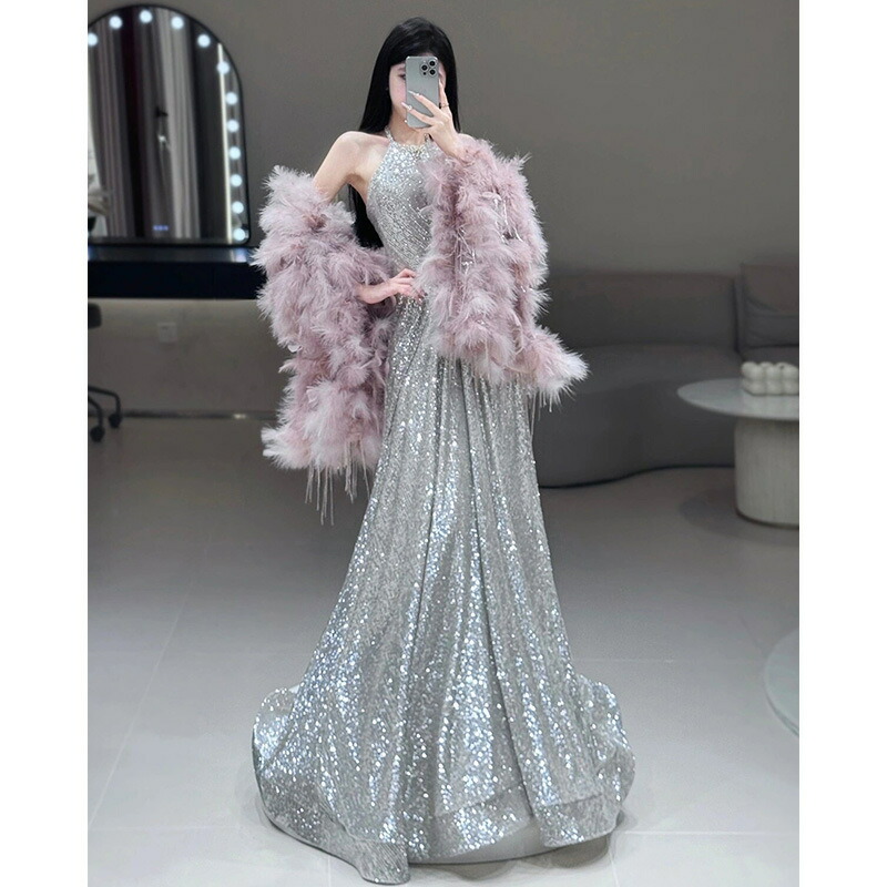 イブニングドレス ロングドレス ホルターネック シルバー スパンコール キラキラドレス 発表会ドレス 銀色 ノースリーブ マントオシャレ 背開き セクシー パーティードレス ロング Aライン XS S M L XL XXL XXXL