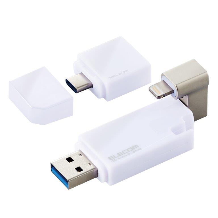 ★マラソン期間ポイント10倍/[ELECOM]iPhone iPad USBメモリ Apple MFI認証 Lightning USB3.2(Gen1) USB3.0対応 Type-C変換アダプタ付 32GB ホワイト MF-LGU3B032GWH/MFLGU3B032GWH｜F-Factory