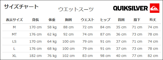 Quiksilver Size Chart