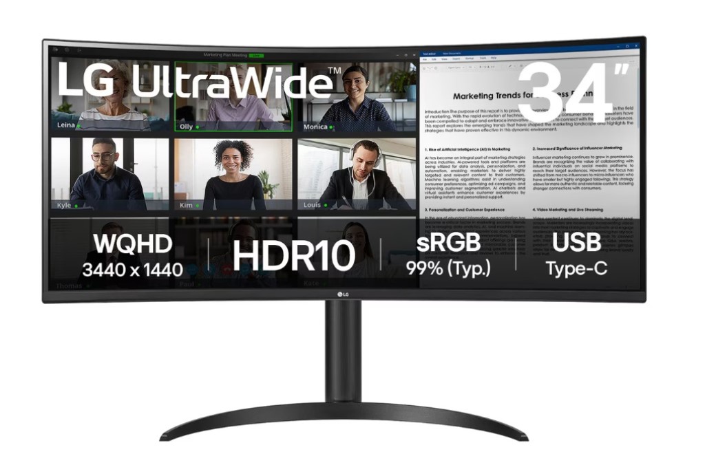 LG Electronics Japan 34インチ 曲面型ウルトラワイド 液晶ディスプレイ(3440x1440/VAパネル/sRGB 99%/HDR10/DP/HDMIx2/TypeC(PD65W)/チルト/高さ調整/3年保証) 34WR55QK-B