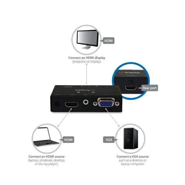 StarTech.com 2入力(HDMI/VGA)1出力(HDMI)対応ビデオディスプレイ切替器スイッチャー 自動&優先切替機能搭載 1080p 7.1chサラウンド/2chステレオ音声出力対応 VS221VGA2HD