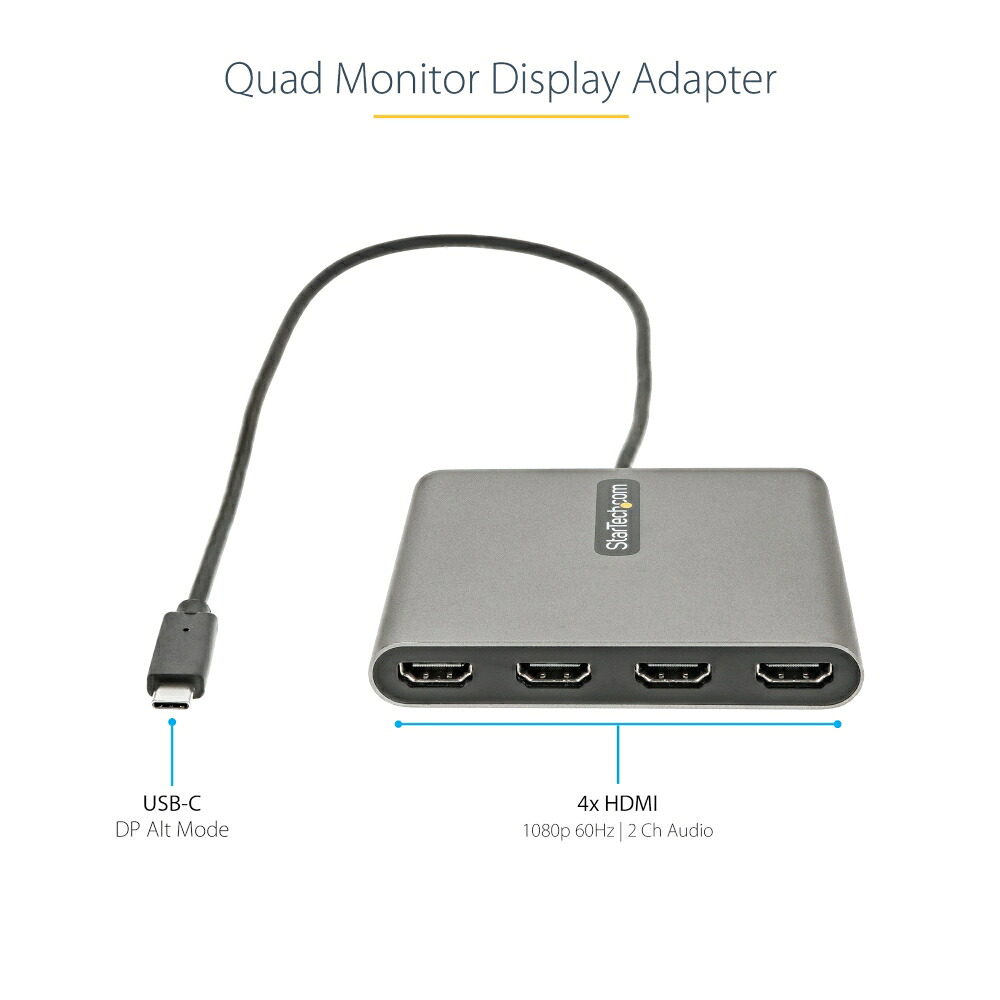 StarTech.com USB-C-HDMI取り替えっこアダプタ/4画面 マルチ見せびらかす/1920x1080(1080p)/Thunderbolt 3 相応う/Windowsのみ/間隔文字薄墨色/USB C クアッドモニター 取り替えっこ繋ぎ/見せびらかす 変換器 USBC2固定ディスク4