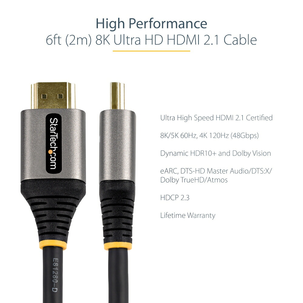 StarTech.com 8K対応HDMI 2.1ケーブル/2m/48Gbps対応ウルトラハイスピードHDMIケーブル/8K60Hz & 4K120Hz/HDR10 + eARC対応/HDMI認証ケーブル/柔軟なTPE被覆材 HDMM21V2M